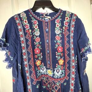 Johnny Was Floral Embroidered Navy Blouse NWT